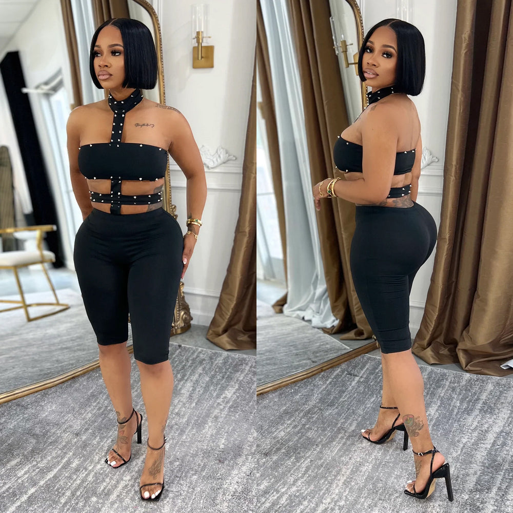 C7728 cross-border   fashion women's sexy off-shoulder beaded halter solid color jumpsuit