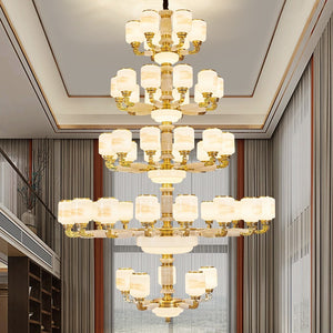 Duplex building all-copper large chandelier high-end villa high-ceiling living room jade large lamp new chinoiserie building in building hollow lamp
