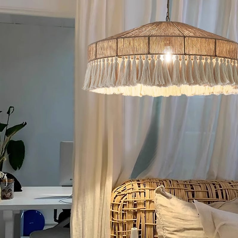 Bohemian Hemp Rope Chandelier B & B Living Room Bedroom Light Ceiling Light Handmade Tassel Creative Japanese Restaurant Lighting