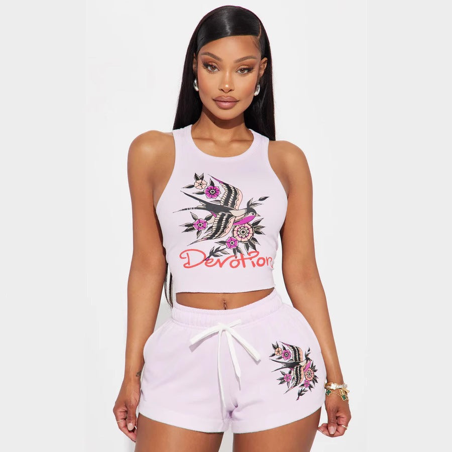 cross-border fashion positioning printed tank top and shorts casual set