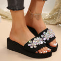 Amazon's new thick sole flip-flops for women summer outwear rhinestone flower high heel open slippers women's beach sandals