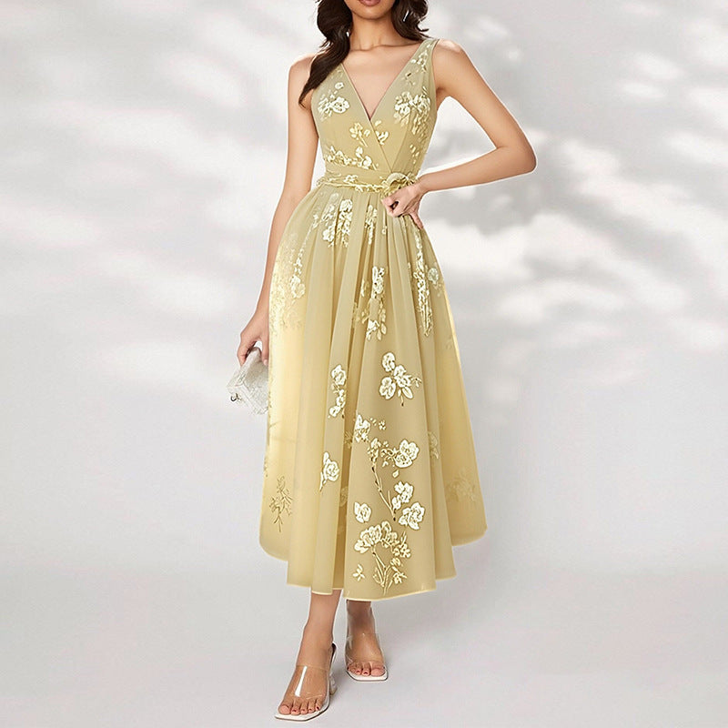 women's summer maxi dress - cross-border european & american style - elegant printed waist-tie dress
