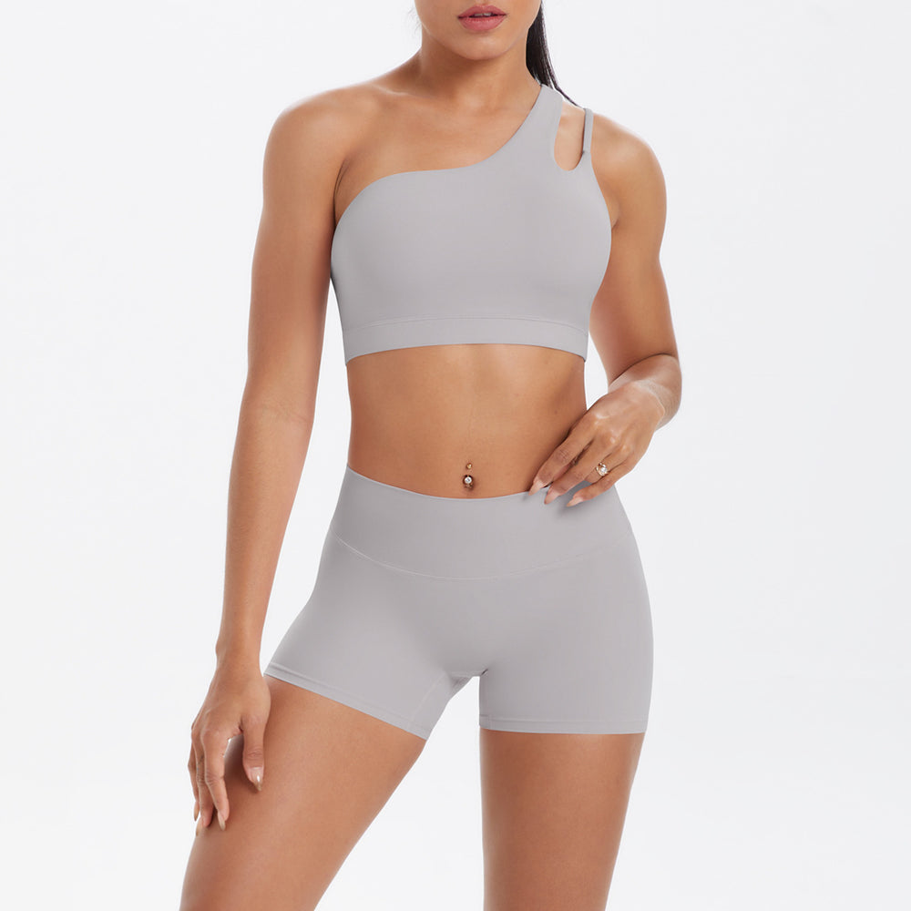 New arrival cross-border fashion double-sided nylon brushed single-shoulder yoga suit sports running fitness two-piece set for women