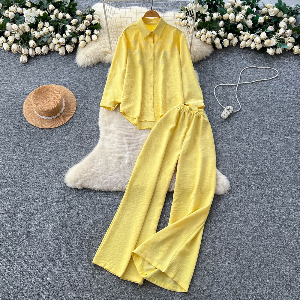 Light mature style two-piece set women's  autumn wear elegantcasuallooseasymmetricallong sleevesshirthigh waistloose pants