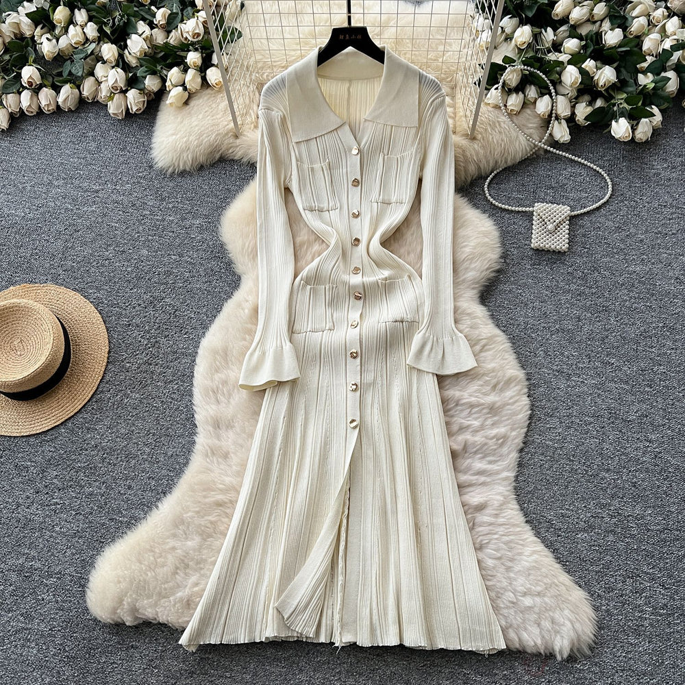French chic knitted dress -  autumn/winter new arrival - high-end long sleeve, cinched waist, elegant dress