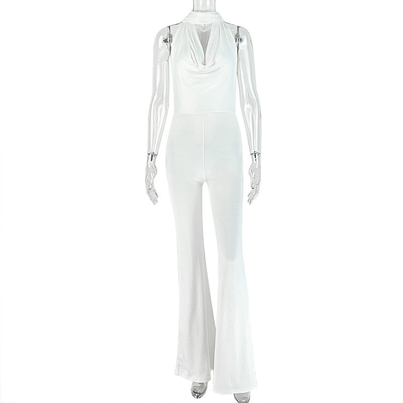 Fashion styleexportpure colorwork clothingwomen's outingloose jumpsuit swing collar casualbacklesssummer long jumpsuit