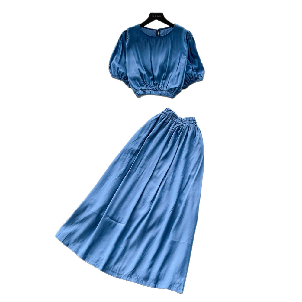 K-stylework clothing style lantern sleeve shirt high waist skirt women's summernew arrival waist slimming looktwo-piece set light mature style