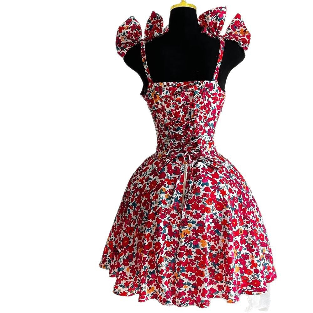 European and american women's clothing  spring elegant floral print camisole bow high-waisted slimming a-line mini dress