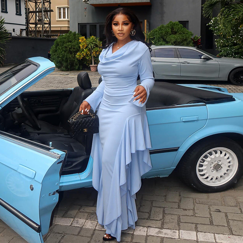 European and american women's clothing  autumn new sweet and fresh turtleneck flared sleeve high-waisted slimming bodycon maxi dress