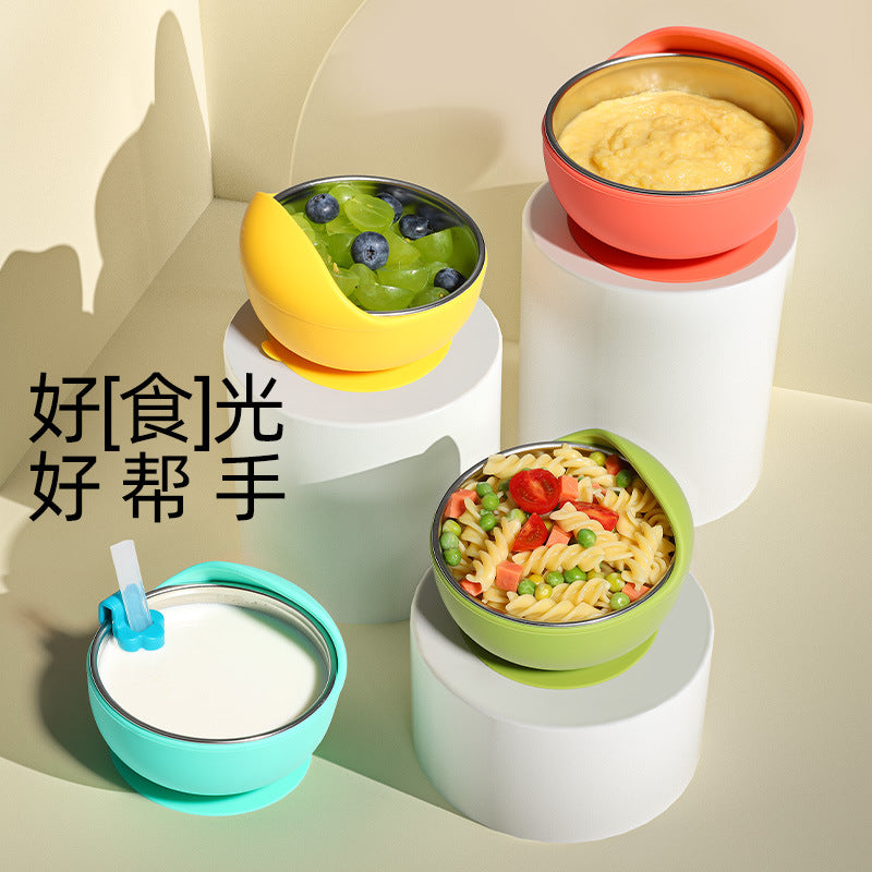 Stainless steel suction cup bowl baby special complementary food baby bowl independent eating silicone anti-drop and anti-scalding children learn to eat