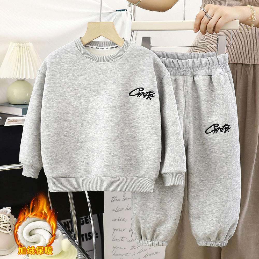 Kids' fleece-lined sweatshirt set: stylish two-piece tracksuit for boys and girls, autumn/winter collection, korean style