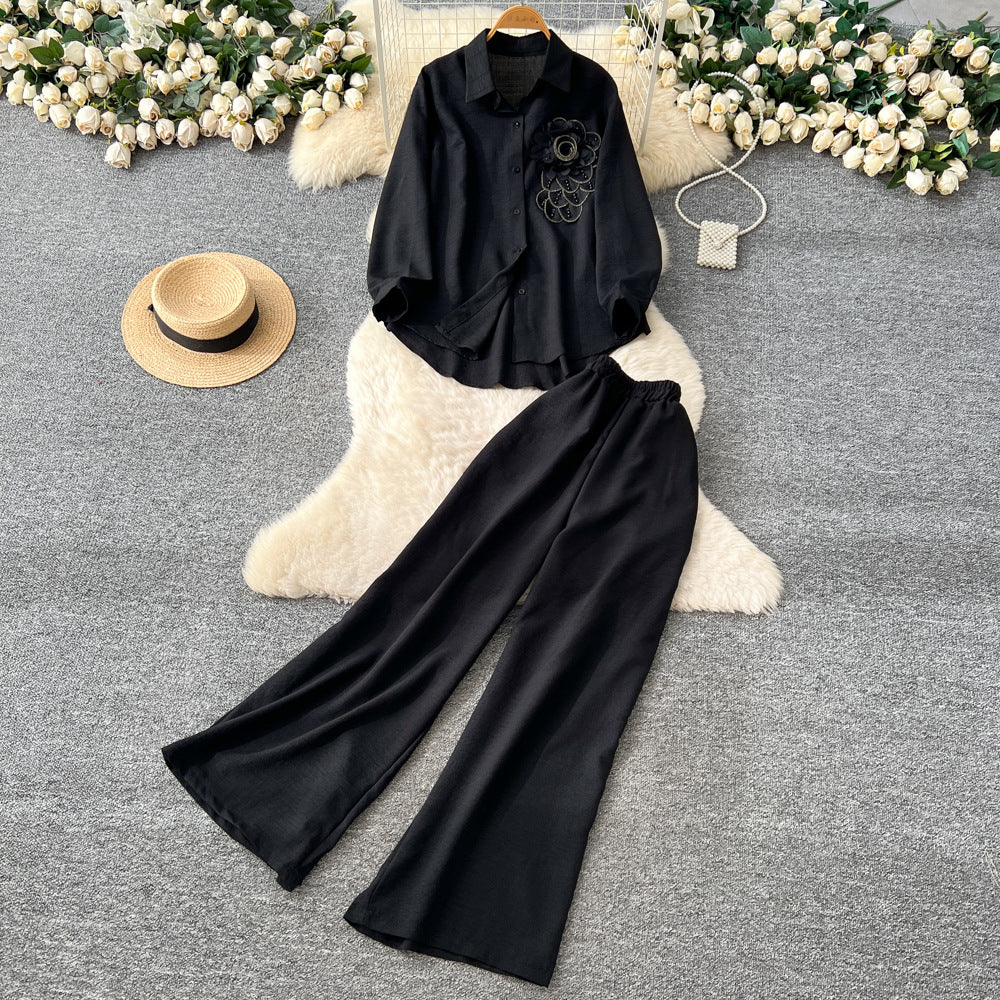 Light mature style wear women's autumn fashion heavy industry beading stereo flower long sleevesshirthigh waistloose wide leg pants