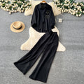 Light mature style wear women's autumn fashion heavy industry beading stereo flower long sleevesshirthigh waistloose wide leg pants