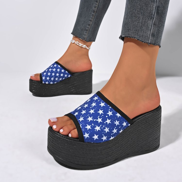 Plus size leopard print platform wedge heel one-line sandals women's casualexportthick solepetites beach shoes summer