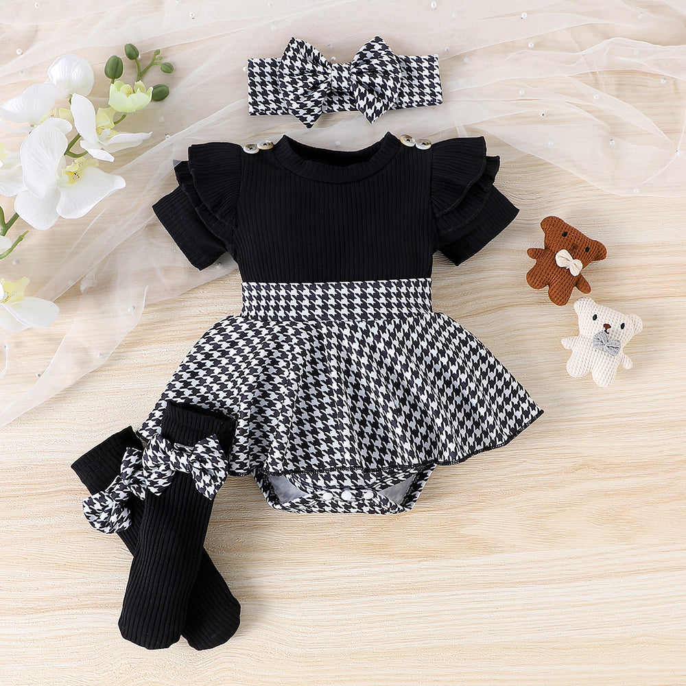 Children's clothing  cross-border european and american girls black tops houndstooth skirt suit new