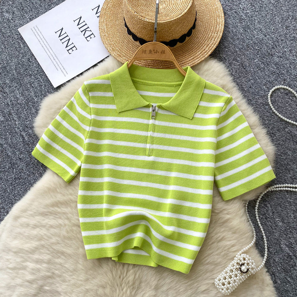 Women's short-sleeve knit top -  summer korean style, trendy color block striped tee, versatile top