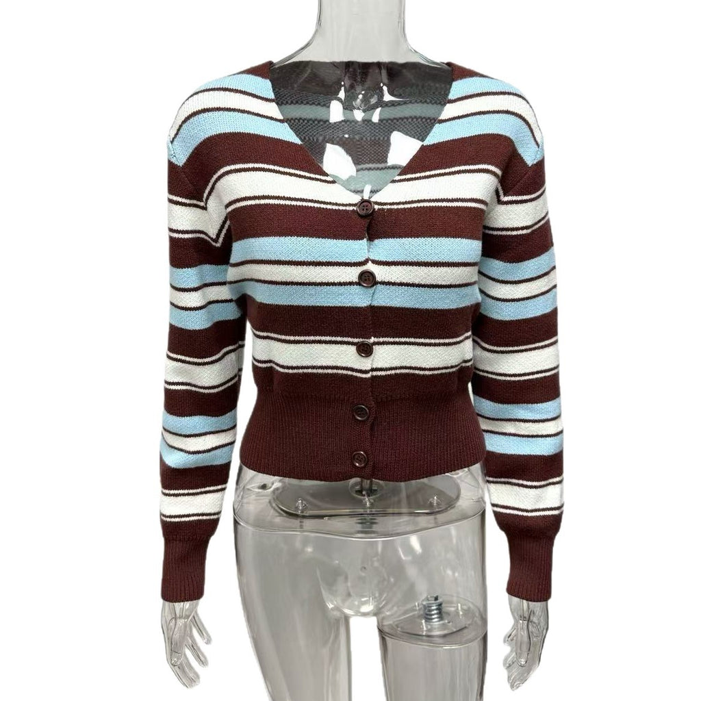 Europe, America,   25 years hot sale Spice Girl V-neck contrasting stripes single-breasted long-sleeved knitted cardigan jacket