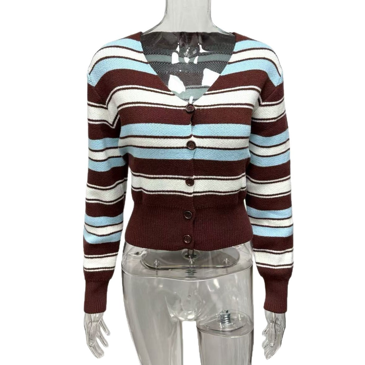 Europe, America,   25 years hot sale Spice Girl V-neck contrasting stripes single-breasted long-sleeved knitted cardigan jacket