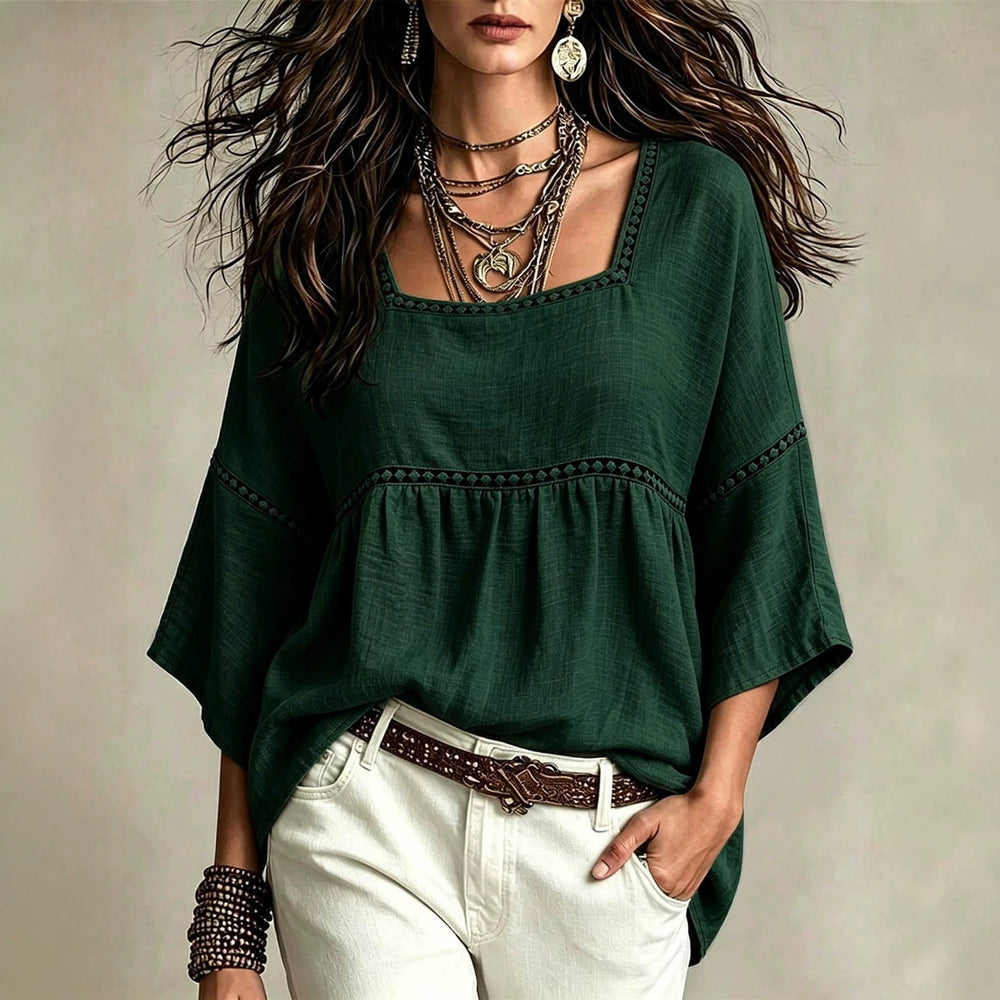 European and american bohemian style plus size women's square neck hollow-out lace trim loose babydoll top with three-quarter sleeves