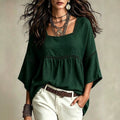 European and american bohemian style plus size women's square neck hollow-out lace trim loose babydoll top with three-quarter sleeves