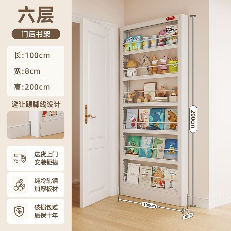 Behind-the-door bookshelf, ultra-slim over-the-door organizer, steel kids' storage rack for picture books, home wall bookshelf
