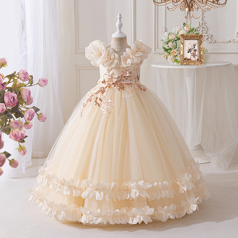 Export girl dress mesh long mesh through flower classyelegancein stock 8 to 12 years old clothing wholesale in stock
