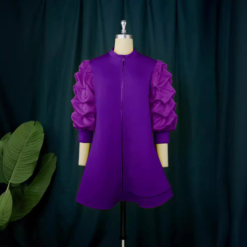Am220943 commuting small stand-up collar cardigan style dress casualcommuting pleated sleeve shorttopsdresses