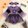 Baby girl halloween witch cosplay patchwork purple mesh romper
