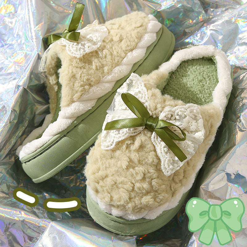 Sweet bowknot cotton slippers for women, new winter 2025 indoor home fleece-lined warm non-slip cotton slippers for ladies