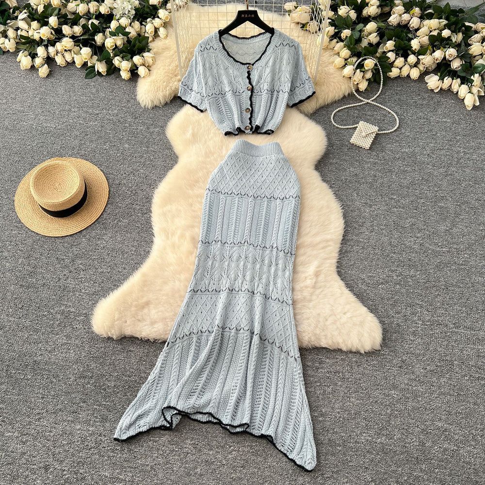 Korean style age-reducing set: women's gentle style hollow-out crochet round neck cropped knit top + high-waisted bodycon midi skirt