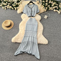 Korean style age-reducing set: women's gentle style hollow-out crochet round neck cropped knit top + high-waisted bodycon midi skirt