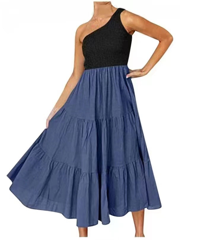 european and american cross-border new  women's solid color printed bohemian one-shoulder sleeveless dress