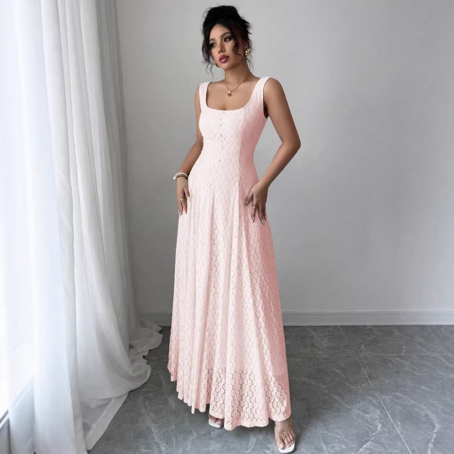 Pink u-neck sleeveless tank dress - women's summer slim fit lace a-line maxi dress with a chic, edgy design