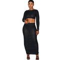 European and american casual skirt set -  cross-border women's fashion: hollow-out mesh long sleeve top + sexy bodycon skirt