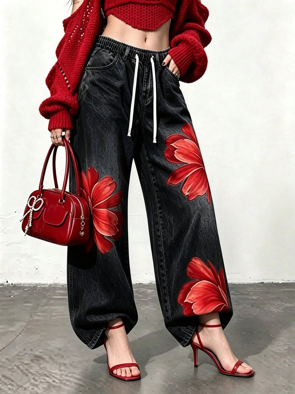 Fashionjeans women's drawstring waist red flower printing distressed gray black wide leg jogger pants cross-border casual women's clothing new arrival