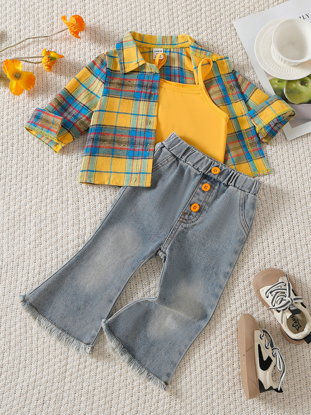 Trendy and playful yellow gingham shirt, jeans, and tank top three-piece set