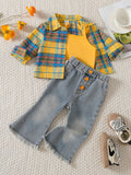 Trendy and playful yellow gingham shirt, jeans, and tank top three-piece set