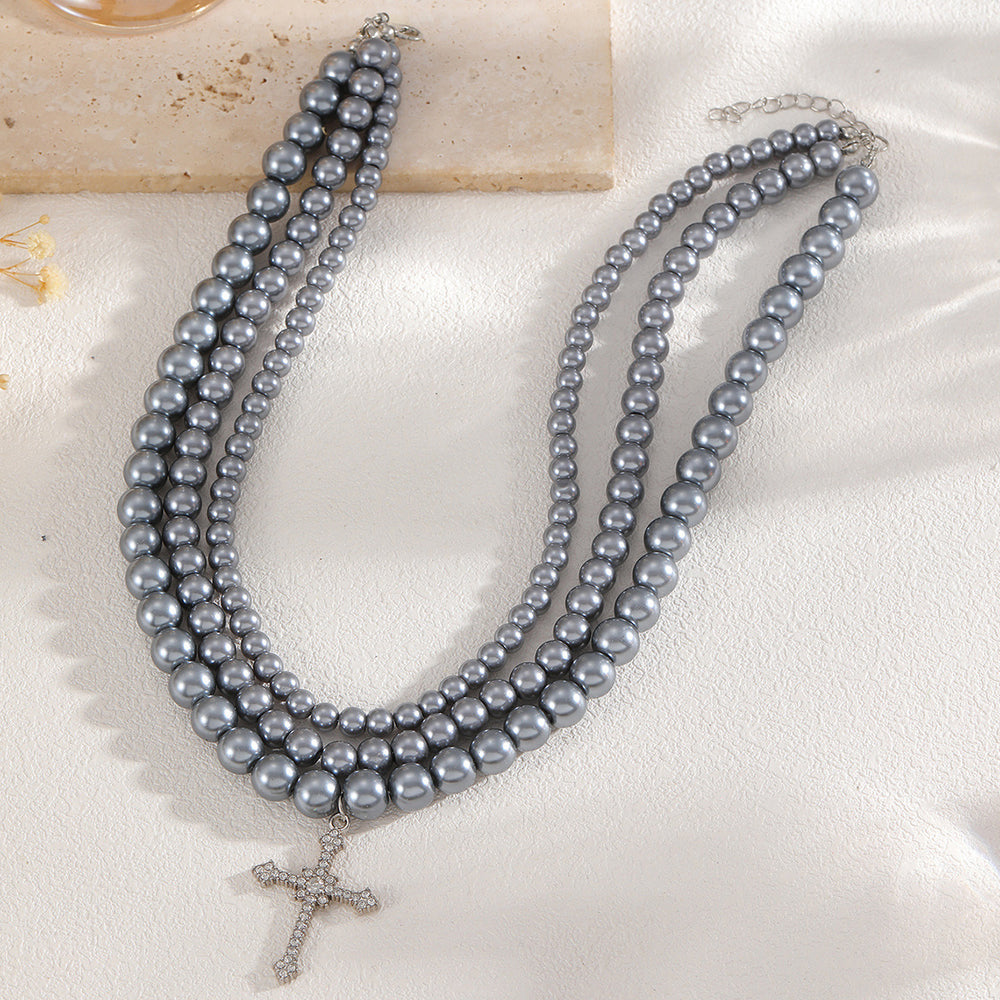 Stacked cross beaded necklace wholesale cross-border simple versatile accessories niche high-end hip-hop pendant necklace