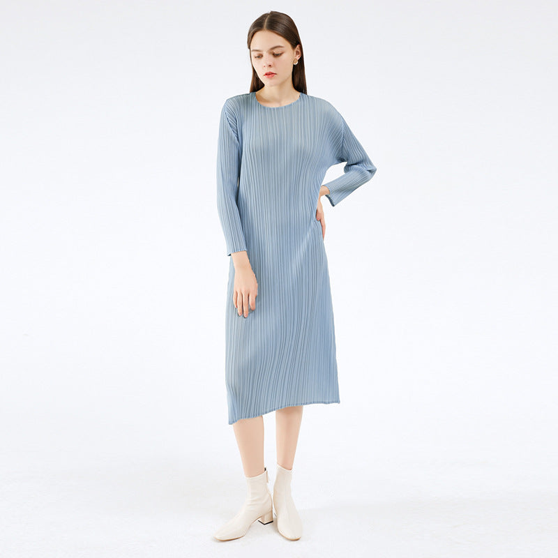 Amazon women's  european and american classic pleated long sleeve solid color midi slim fit slit dress