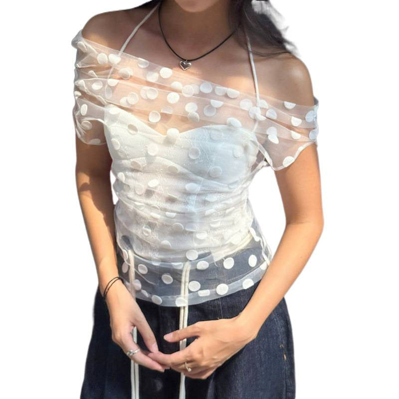 European and american style women's spring  new sexy asymmetrical neck see-through mesh top with halter neck inner vest two-piece set