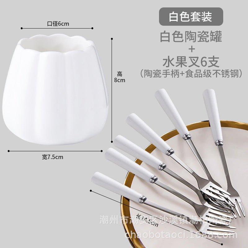 Stainless steel fruit fork set with premium ceramic storage jar, fruit picks, home watermelon forks, and stylish spoons
