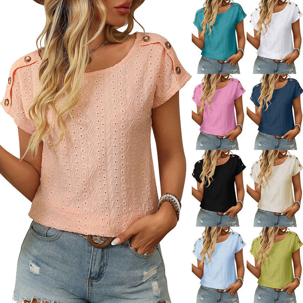 Women's Clothing European and American Cross-border 2025 Spring and Summer New Solid Color Crew Neck Button Short Sleeve T-Shirt Hollow Top