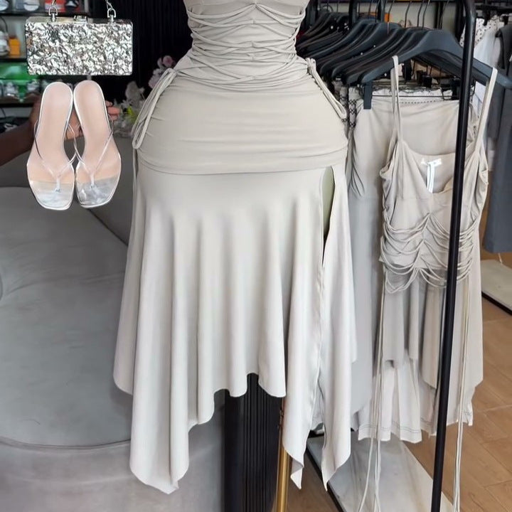 European and american cross-border women's fashion  summer new arrival: elegant tie-strap v-neck camisole top and asymmetrical midi skirt set