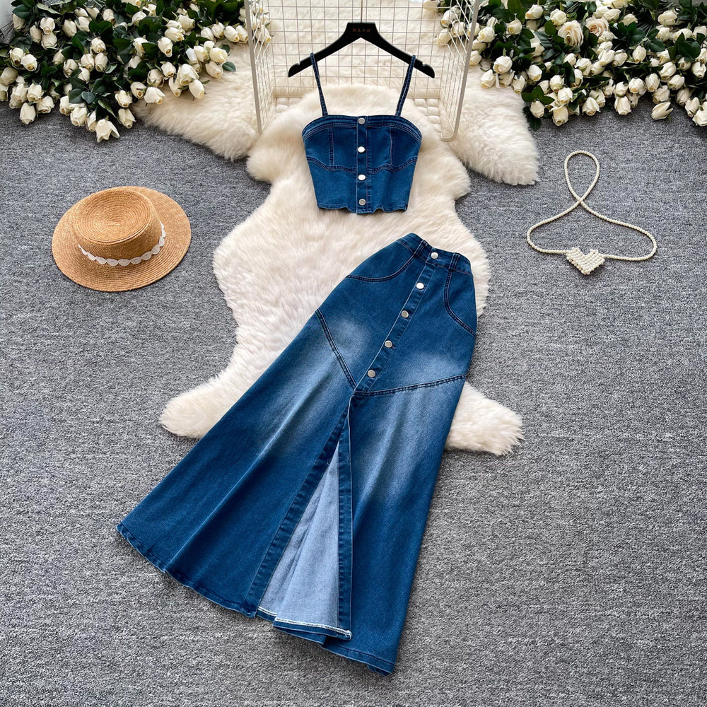 French denim suspender playful age-reducing two-piece set women's summer single-breasted silmslimming lookelegantsuit slit skirt