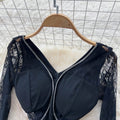 Elegant women's french-style high-end beaded v-neck lace long-sleeve patchwork waist-tie slit dress