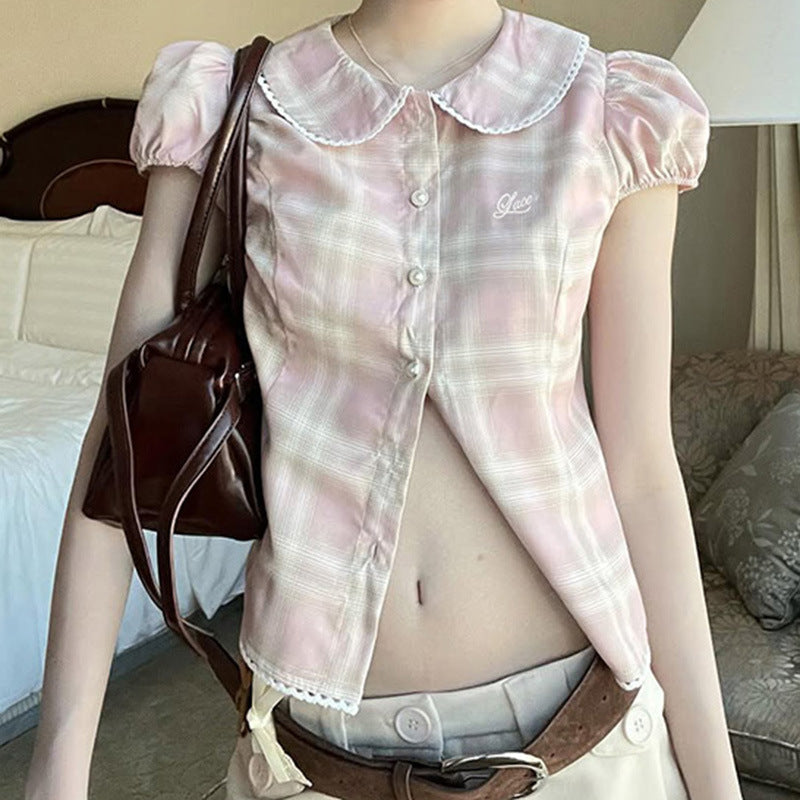 Cute style pink plaid puff sleeve shirred waist slimming short sleeve shirt women's small floral lace trim cropped top summer