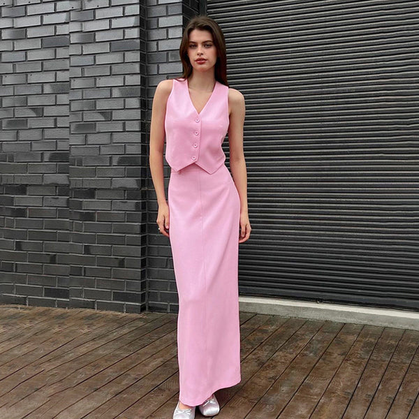 French pink sleeveless short vest vest split skirt set 2025 European and American autumn fashion new two-piece set