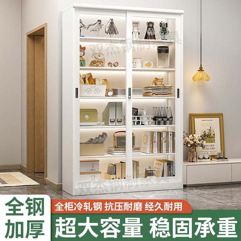 Steel light luxury sliding door bookcase push-pull glass door display cabinet iron kids bookshelf floor-standing storage cabinet password lock