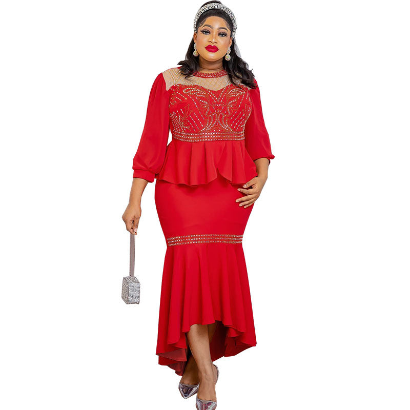 new african cross-border fashion: mesh panel solid color rhinestone two-piece set