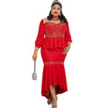 new african cross-border fashion: mesh panel solid color rhinestone two-piece set